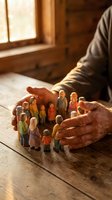 Elderly hands protectively cupping miniature wooden people figures in warm sunlit room symbolizing care, protection, community support and guardianship.
