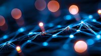 Glowing network connections with blue light trails and orange bokeh effects on dark background, representing digital technology and connectivity concept.