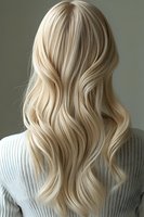 Back view of long wavy platinum blonde hair on woman wearing white knit sweater against neutral background, showcasing modern hairstyling and natural-looking highlights.