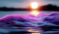 Vibrant purple and blue waves ripple across water surface at sunset, creating dynamic motion effect with sun reflection and dramatic sky silhouette.