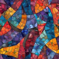 Abstract mosaic pattern with vibrant stained glass effect featuring curved shapes in red, blue, orange, and purple tones. Seamless repeat design for fabric and decor.