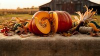 Autumn harvest display with sliced pumpkin, corn, nuts and fall leaves on rustic burlap table setting for seasonal cooking and thanksgiving decoration.