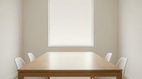 Modern minimalist dining room with wooden table, white chairs and blank wall frame for interior design mockup.
