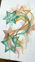 Watercolor stars and flowing ribbons in green, gold and pink tones on white paper. Abstract artistic composition for creative projects and decorative designs.