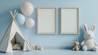 Cozy blue nursery room with blank frames, teepee tent, bunny toys, and pastel balloons, perfect mockup for wall art display.