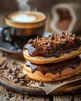 Chocolate glazed donuts stacked with chocolate chips and cocoa powder sprinkled on top, served on rustic wooden board with steaming coffee cup in background.