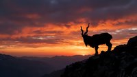 Mountain goat silhouette standing on rocky cliff against dramatic orange sunset sky with layered mountain ranges in background for outdoor adventure themes.