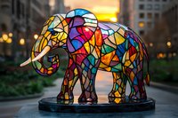 Colorful stained glass elephant sculpture with geometric mosaic pattern captured at sunset with bokeh city lights background creating magical atmosphere.