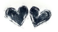 Two black grunge hearts painted with rough brushstrokes on white background, showing texture and artistic expression. Isolated design element for Valentine cards and love themes.