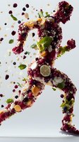 Running figure silhouette made from fresh berries, citrus, nuts and herbs on light background, creative healthy lifestyle and nutrition concept.