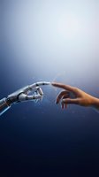 Robot and human hands reaching toward each other with fingertips touching, sparks of light glowing at contact point on blue background.