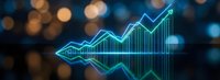 Glowing neon arrow chart showing upward growth trend with digital data visualization elements against dark bokeh background for business analytics.