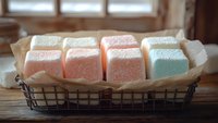 Colorful homemade marshmallows in pastel pink, white and mint green colors arranged in rustic wire basket lined with parchment paper on wooden surface near window.