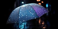 Luminescent umbrella with glowing particles and starry pattern against dark night cityscape with bokeh lights, suitable for weather, protection, and fantasy concepts.