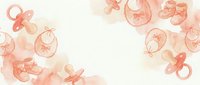 Soft watercolor baby pacifiers and booties in coral pink tones creating delicate border frame on light background for nursery designs and baby shower invitations.