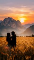 Romantic couple silhouettes embracing in golden wheat field at sunset with dramatic mountain landscape and warm orange sky for wedding concepts.