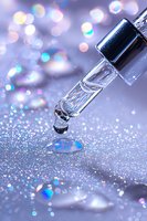 Glass dropper with transparent liquid drop falling onto sparkly glittery surface with bokeh lights and holographic reflections in soft purple and blue tones.