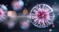Microscopic view of pink virus cell with spiky surface floating in dark background with bokeh lights, scientific medical visualization for healthcare concepts.
