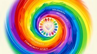 Colorful spiral rainbow design with solidarity, inclusivity, and community spirit text integrated into concentric circles, symbolizing unity and diversity for social causes and awareness campaigns.