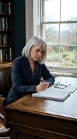 Senior Caucasian businesswoman with gray hair writing documents at wooden desk in home office with bookshelf and window view for professional work concepts.
