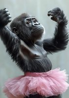 Young gorilla wearing pink tulle tutu skirt in dancing pose against light background, combining wild nature with graceful ballet elements for humorous effect.