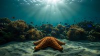 Orange starfish resting on sandy ocean floor with vibrant coral reef and sunbeams streaming through crystal clear tropical waters creating magical underwater scene.