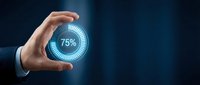Businessman hand holding glowing seventy-five percent digital progress indicator on dark blue background for business analytics and performance metrics.