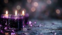 Purple glowing candle with bokeh lights creating magical atmosphere on dark background, romantic mood with soft focus and glitter effects.