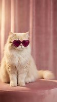 Adorable fluffy ginger cat wearing heart-shaped sunglasses sitting on pink velvet surface against rose gold curtain backdrop for Valentine's Day romance.