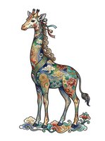 Ornate giraffe with decorative floral and geometric patterns in jewel tones, isolated on white background. Suitable for clipart, t-shirt design, and print applications.