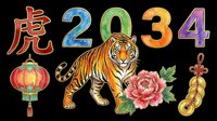 Lunar new year tiger with numbers, lantern, peony flower and coins isolated on transparent background. Ready for t-shirt design, clipart, stickers, print-on-demand products and sublimation projects.
