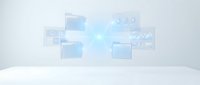 Young professional woman with light skin tone working on digital interface with floating holographic screens and data visualization elements in modern office setting.