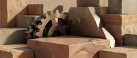 Rusty metal gear and wooden blocks arranged in industrial still life composition with warm sunlight casting shadows on textured surfaces.