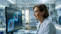 Female scientist in white lab coat analyzing DNA double helix structure on computer monitor in modern laboratory for genetic research and biotechnology studies.