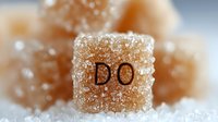 Sugar cube with word DO written on it against blurred background of other sugar cubes, macro photography with selective focus showing crystalline texture.
