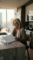 Senior Caucasian woman with glasses reading documents at modern kitchen island counter in contemporary apartment with city view for business planning.