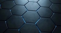 Dark hexagonal pattern with glowing blue edges creating futuristic geometric background for technology and science concepts.
