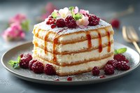 Layered vanilla cake with caramel drizzle, fresh raspberries, and powdered sugar on gray plate. Decorated with mint leaves and pink flowers for elegant dessert presentation.