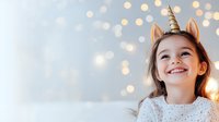 Young girl wearing unicorn headband with horn and ears smiling joyfully against bokeh lights background for party celebrations and magical childhood moments.