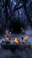 Mystical forest altar with burning candles, crystals and ritual objects in atmospheric twilight setting for spiritual ceremonies and meditation practices.