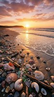 Golden sunset over ocean beach with seashells and driftwood scattered on wet sand, waves gently washing shore creating peaceful coastal scene for travel and nature.