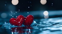 Two red glass hearts floating on water surface with splashes and bokeh lights creating romantic atmosphere. Water drops and ripples add dynamic effect.