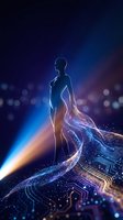 Silhouette of a woman outlined in glowing neon blue and purple light, wearing a flowing digital cape made of circuit board patterns and particles against a dark background.