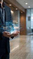 Professional businessman holding digital network hologram with glowing connections and data visualization in modern office environment for technology presentations.
