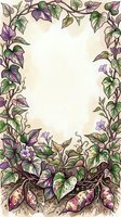 Illustrated climbing vine border with purple flowers and green foliage framing cream background, isolated on white for design use on invitations, cards, posters, and decorative projects.