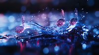 Musical notes made of water drops on reflective surface with blue and purple bokeh lights creating magical atmosphere. Artistic macro photography captures liquid motion.