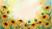 Watercolor border of bright yellow black-eyed Susan flowers with green leaves on a soft pastel background, copy space for text.
