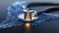 Medical stethoscope on glowing digital surface with dot pattern matrix, representing healthcare technology and digital health monitoring solutions.
