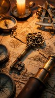 Vintage nautical exploration scene with ornate brass key, compass, sextant, telescope and old map illuminated by candlelight for adventure themed designs.