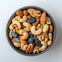 Mixed nuts and seeds in ceramic bowl on white background, including cashews, almonds, walnuts and black sunflower seeds, top view food photography.
